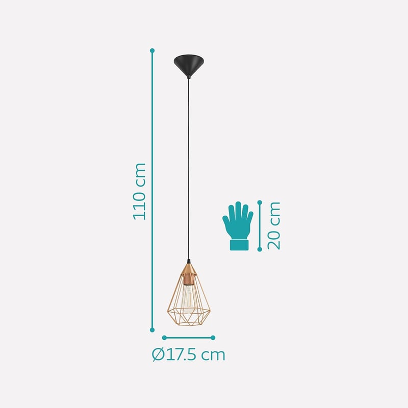 EGLO Tarbes Vintage Függőlámpa E27 Réz-Fekete 17,5cm Retro Stílusú Mennyezeti Lámpa - Copper, Pendant light, 1 bulb, diameter 17.5 cm