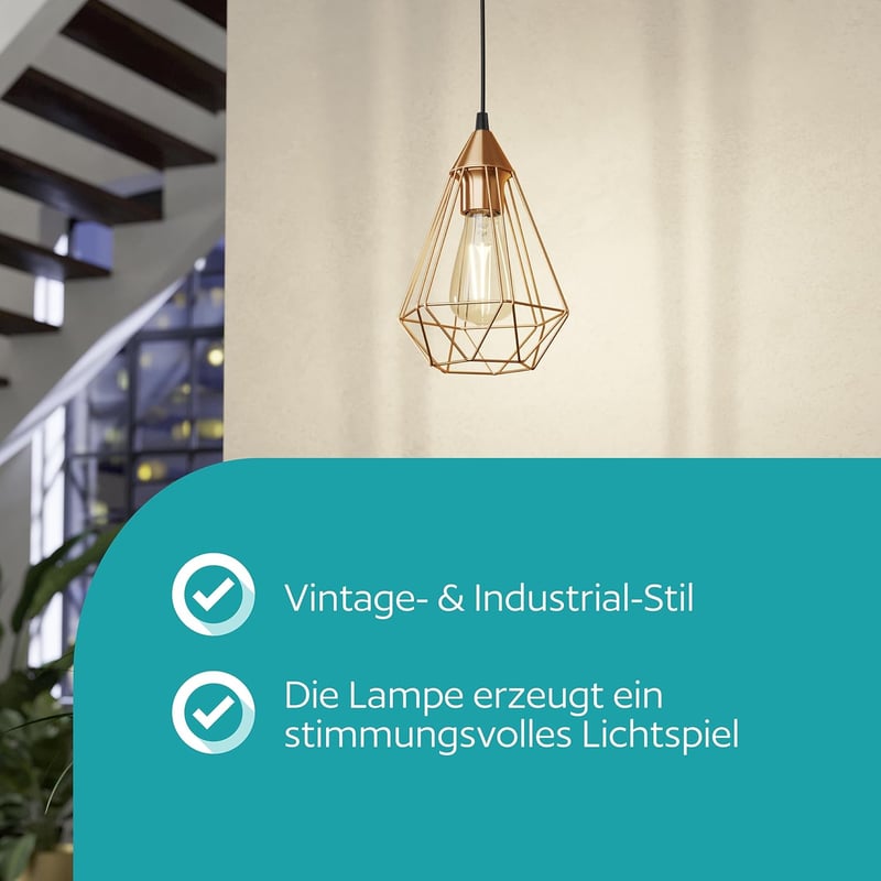 EGLO Tarbes Vintage Függőlámpa E27 Réz-Fekete 17,5cm Retro Stílusú Mennyezeti Lámpa - Copper, Pendant light, 1 bulb, diameter 17.5 cm