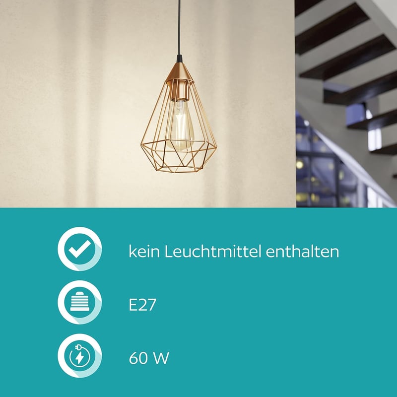 EGLO Tarbes Vintage Függőlámpa E27 Réz-Fekete 17,5cm Retro Stílusú Mennyezeti Lámpa - Copper, Pendant light, 1 bulb, diameter 17.5 cm