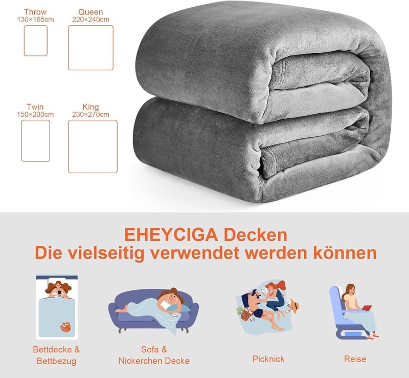 EHEYCIGA Fleece Ágytakaró 150x200 cm Szürke Puha Meleg Kanapé Takaró