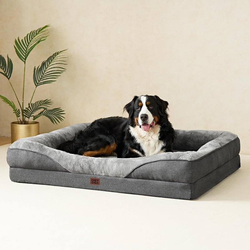 EHEYCIGA Ortopéd Kutyaágy Nagy Kutyáknak, 106x76 cm Memory Foam, Mosható Vízálló Kutyafekhely 4 Oldallal, Szürke
