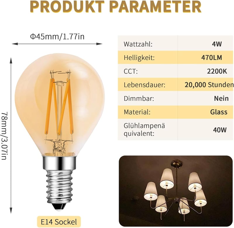ehomeled E14 LED G45 2300K meleg fehér dekoratív izzó 4W filament 4db