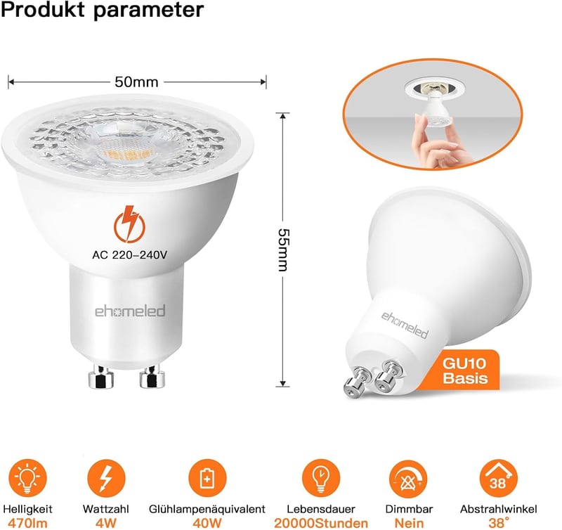 ehomeled GU10 LED izzó 4W 470 lumen semleges fehér 4000K, 40W helyettesítő, 4 darab