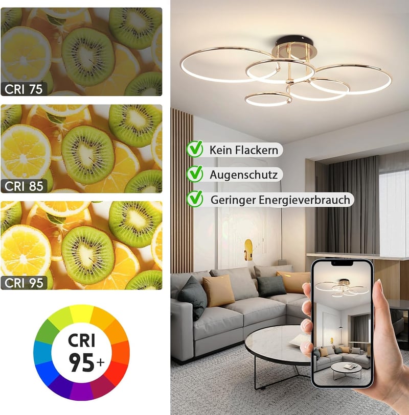 EIDEARAY LED Mennyezeti Lámpa 5 Körös Arany Dimmelhető Távirányítóval 93cm