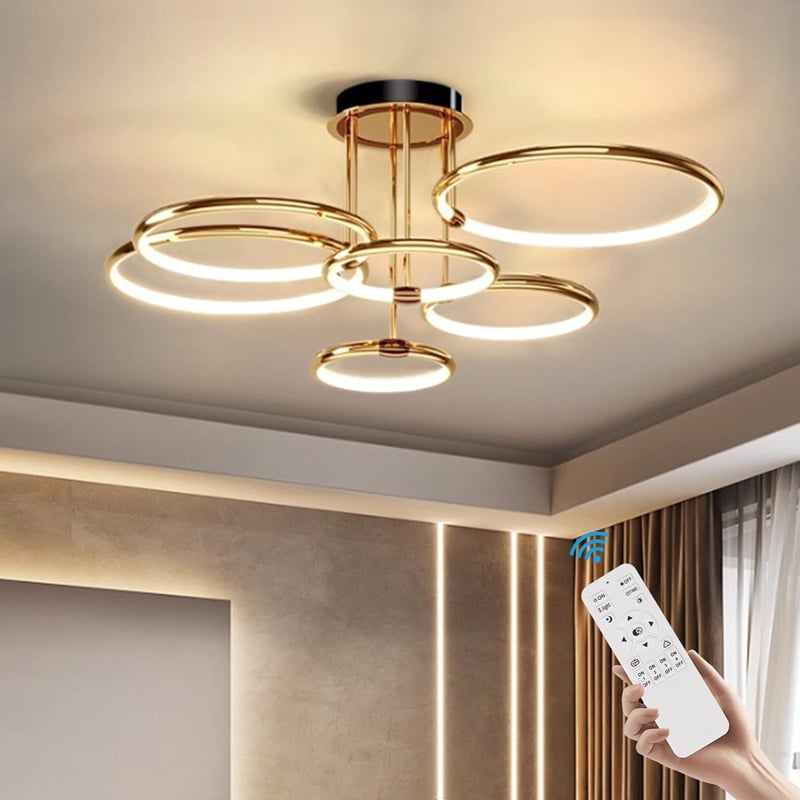 EIDEARAY LED Mennyezeti Lámpa 6 Gyűrűs Modern Arany Dimmelhető Távirányítóval 104cm