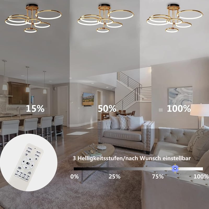 EIDEARAY LED Mennyezeti Lámpa 6 Gyűrűs Modern Arany Dimmelhető Távirányítóval 104cm