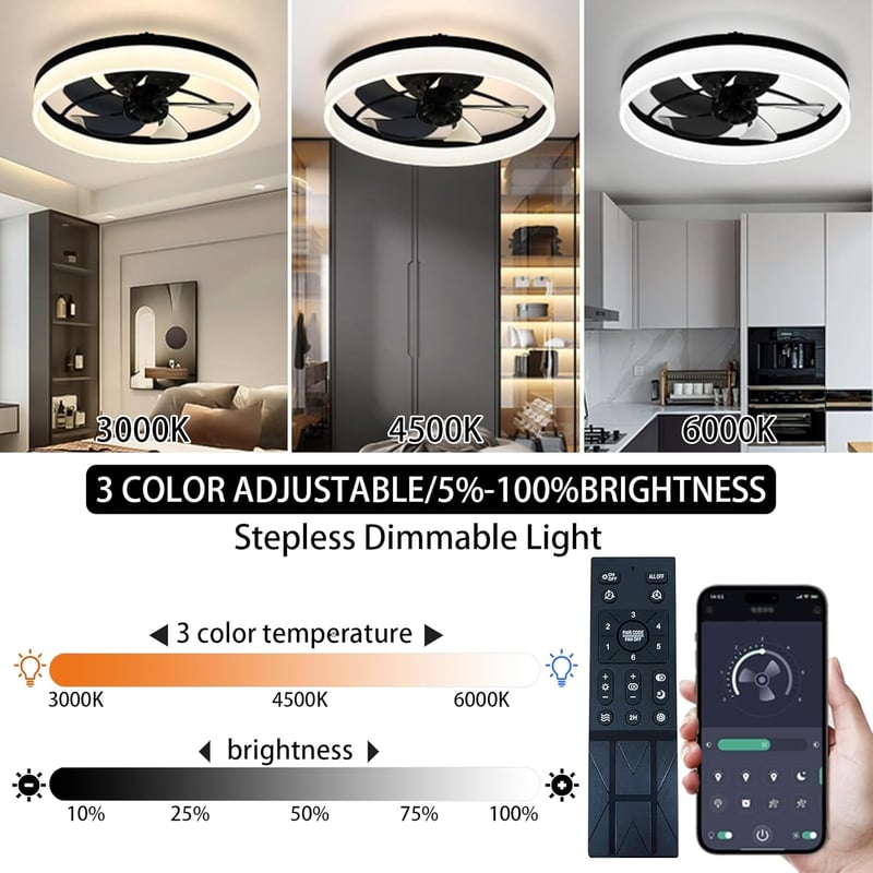 EIDISUNY 19 Colos Mennyezeti Ventilátor Lámpával, 72W LED Világítás, Távirányító, 3 Szín, Nappali Hálószoba