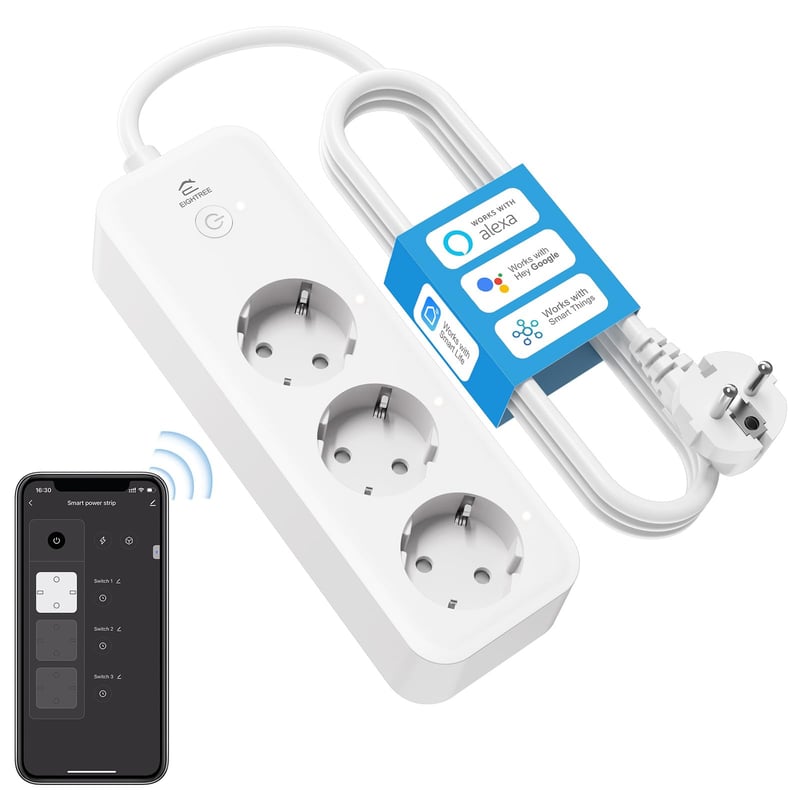 Inteligentná Wi-Fi predlžovačka Eightree s 3 zásuvkami, kompatibilná s Alexa a Google Home, s meraním spotreby, diaľkovým ovládaním, 16A, 1,5 m kábel