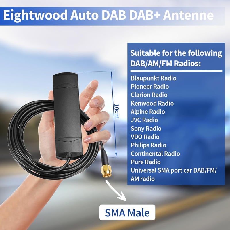 Eightwood DAB+ Autóantenna SMA Adapter Szélvédő Ragasztható 3m Kábel Pioneer Kenwood Alpine