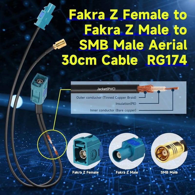 Eightwood DAB+ Autórádió Antenna SMB Fakra Z Kábel 30cm RG174