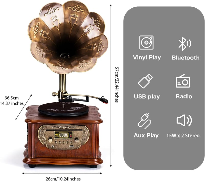 Eikosch Fekete Retro Lemezjátszó Bluetooth-szal, CD Lejátszóval és FM Rádióval - 2 Sebességes Vinyl Lejátszó 20W Hangszórókkal, Távirányítóv