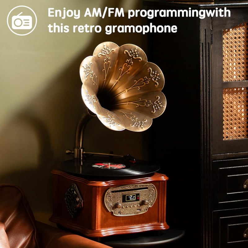 Eikosch Fekete Retro Lemezjátszó Bluetooth-szal, CD Lejátszóval és FM Rádióval - 2 Sebességes Vinyl Lejátszó 20W Hangszórókkal, Távirányítóv