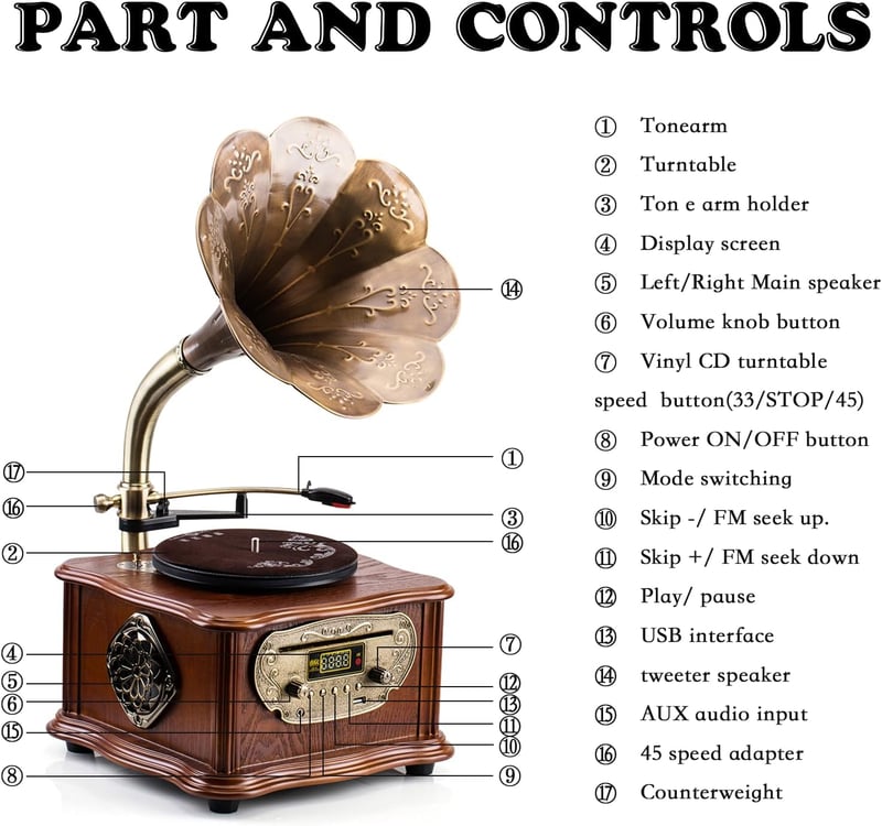 Eikosch Fekete Retro Lemezjátszó Bluetooth-szal, CD Lejátszóval és FM Rádióval - 2 Sebességes Vinyl Lejátszó 20W Hangszórókkal, Távirányítóv
