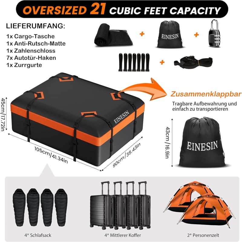 Einesin összecsukható tetőbox 425 liter 112x86x43cm, autótetőre, SUV-hoz, csúszásmentes alátéttel