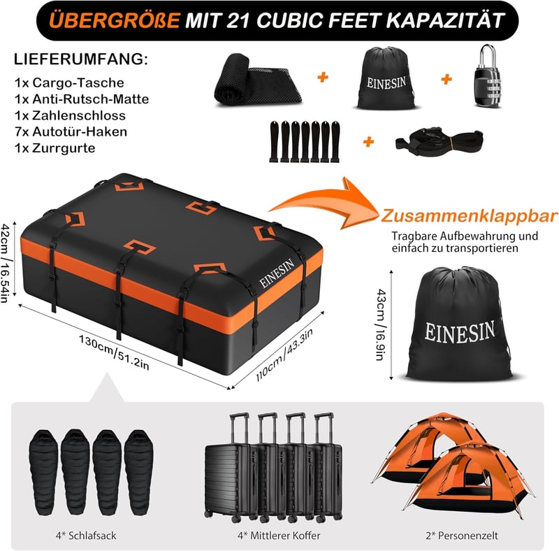 Einesin Összecsukható Tetőbox 600l 132x100x43cm, Tetőcsomagtartó Autóhoz, SUV-hez, Furgonhoz