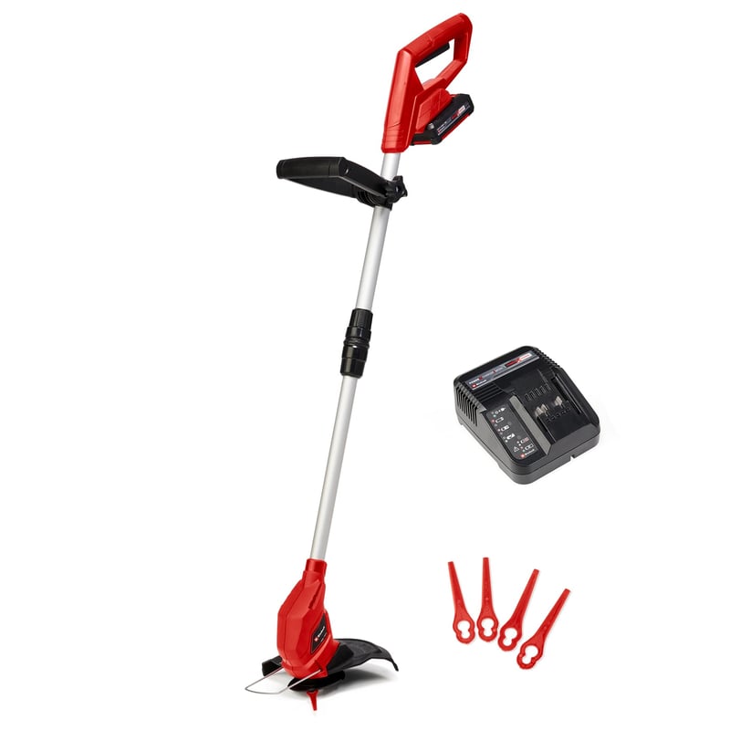 Akumulátorová strunová kosačka Einhell GC-CT 18/24 Li Power X-Change, 18 V, s 2,0 Ah akumulátorom a nabíjačkou, s ochranou kvetov Flowerguard a teleskopickou rukoväťou.
