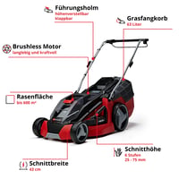 Einhell GE-CM 43 Li M Kit akumulatorska kosilica 43 cm širina rezanja 600 m² Brushless Power X-Change 36V 2x4Ah 63L košara za travu malčiranje 25-75 mm 3