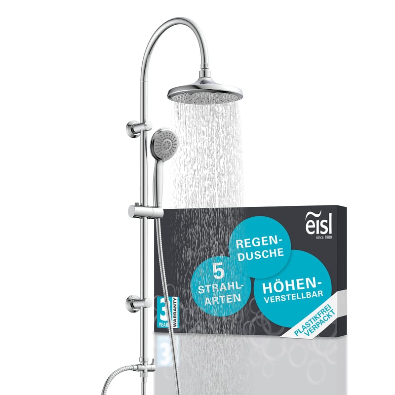 Sprchová súprava EISL SOMMERREGEN DX1005CS-A, chróm – hlavová sprcha (Ø 220 mm) a ručná sprcha s 5 druhmi prúdu, kompletná montážna súprava pre jednoduchú inštaláciu