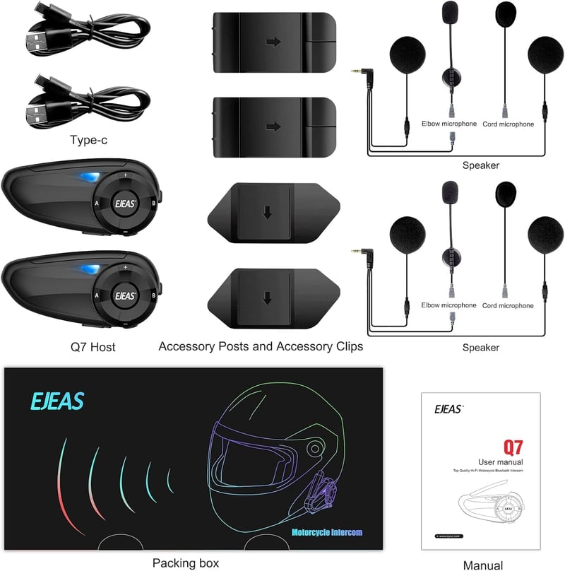EJEAS Q7 Bluetooth 5.1 Motoros Sisak Intercom Rendszer Stereo Hanggal, FM Rádió, 2 Darab