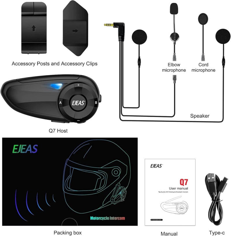 EJEAS Q7 Bluetooth 5.1 Motoros Sisak Interkom Rendszer Stereo Hanggal