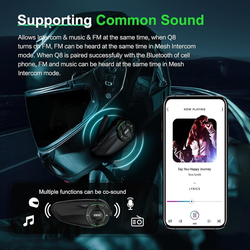 EJEAS Q8 Mesh 3.0 Motoros Sisak Bluetooth Intercom 6 Személyes Kommunikációs Rendszer 2db