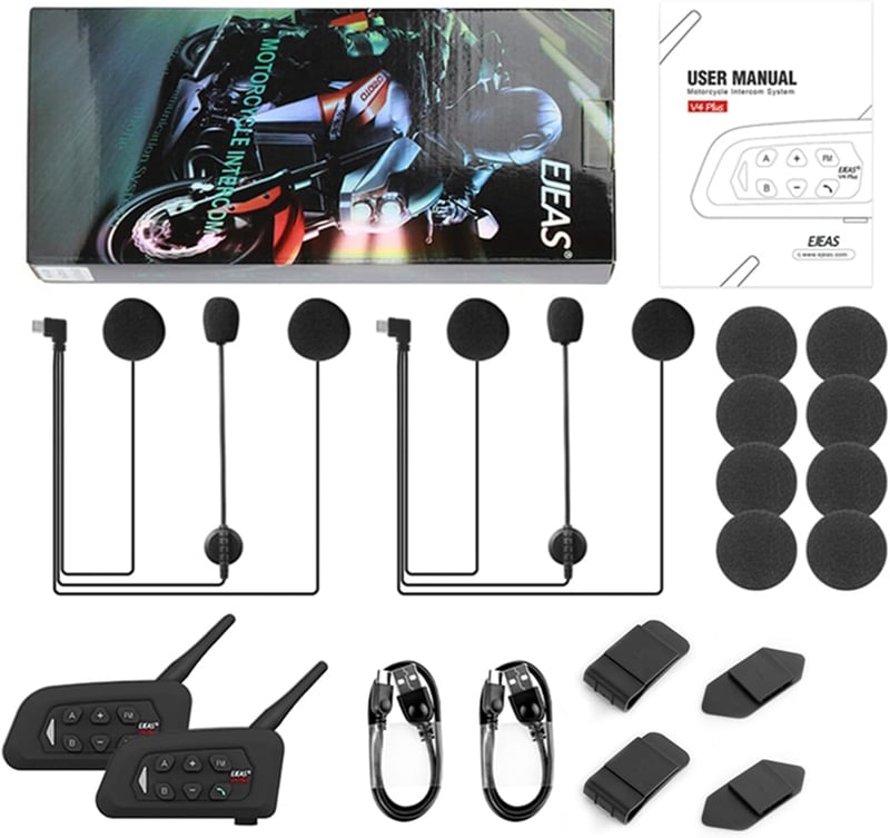 EJEAS V4 Plus motoros interkom Bluetooth 5.1 sisak headset 4 személyes full duplex FM CVC zajcsökkentés 2db