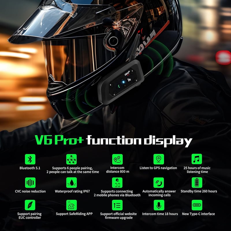 EJEAS V6 Pro+ Bluetooth motoros sisak intercom 6 fős csoportbeszélgetéshez
