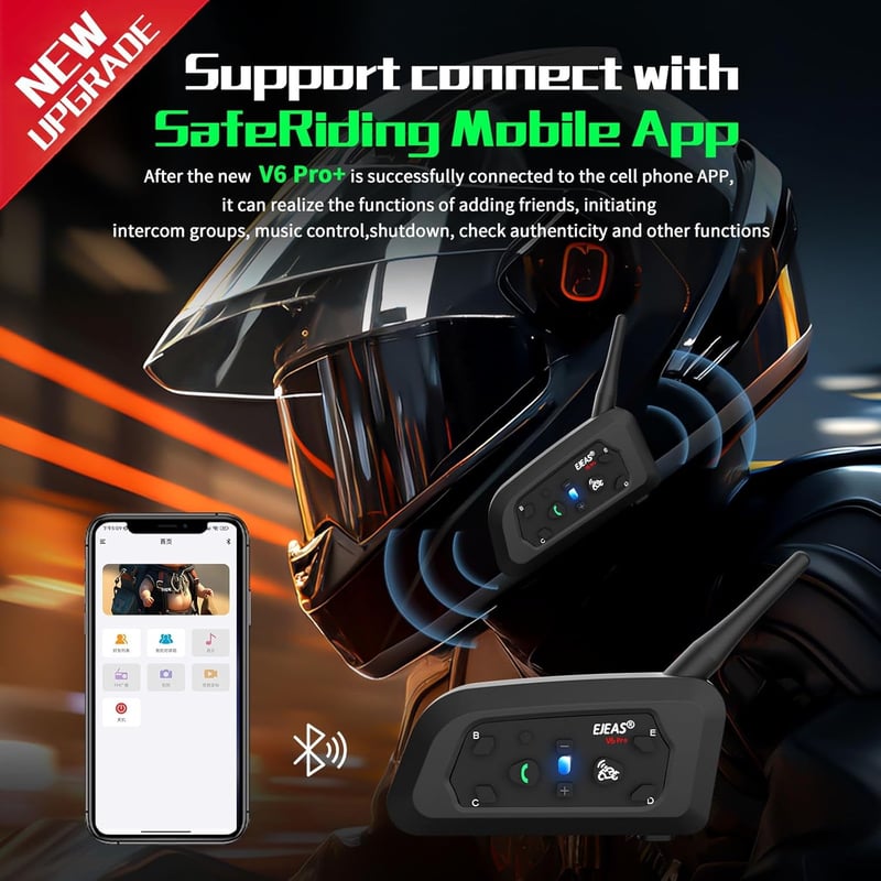 EJEAS V6 Pro+ Bluetooth motoros sisak intercom 6 fős csoportbeszélgetéshez