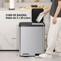 Coș de gunoi dublu EKO 30L+30L cu pedală, din oțel inoxidabil, amprentă rezistentă, cu capac elegant din rășină, pentru colectare selectivă, compact 3
