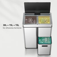 EKO Mirage Plus senzorski sustav za razvrstavanje otpada s 3 pretinca, 2x15L i 30L, 60L, automatska kuhinjska kanta za smeće od nehrđajućeg čelika s 3 unutarnje posude 4