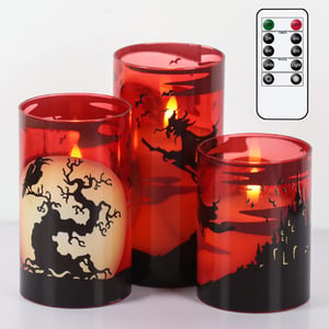 Eldnacele LED bezplameňová halloweenska sviečka s diaľkovým ovládaním, 3 ks – červené sklo