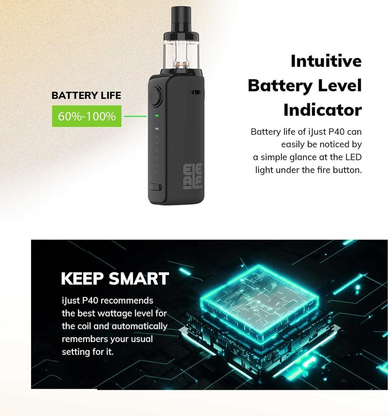 Eleaf iJust P40 Kit 40W E-cigaretta - 1500mAh Akkumulátor, 2ml Tartály, GTL Porlasztó, USB-C Töltés, Kék Színben, Nikotinmentes

AI: I've cr