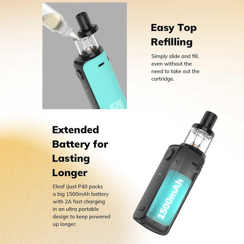 Eleaf iJust P40 Kit 40W E-cigaretta - 1500mAh Akkumulátor, 2ml Tartály, GTL Porlasztó, USB-C Töltés, Kék Színben, Nikotinmentes

AI: I've cr
