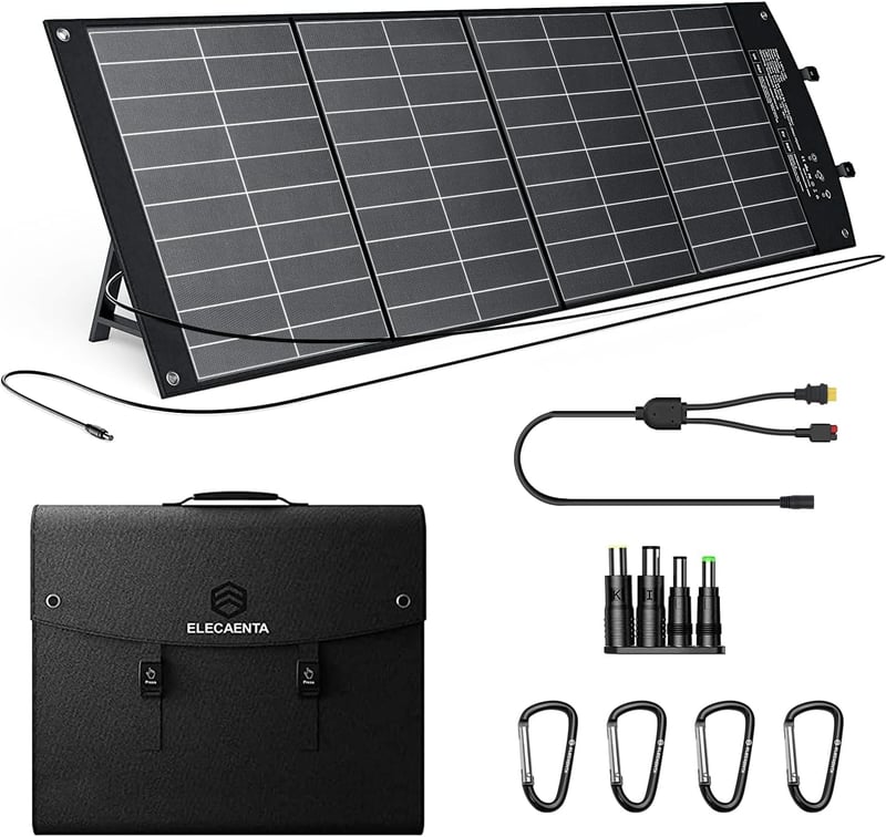 ELECAENTA 120W kihajtható ETFE HPBC hordozható napelemes töltő USB-C PD60W QC3.0 DC XT60 Anderson fekete napelem kültérhez