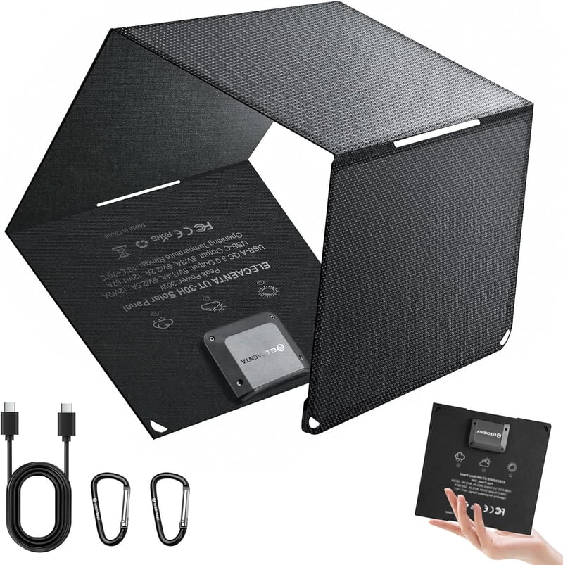Încărcător solar pliabil ELECAENTA 30W ETFE HPBC, 2 porturi USB C PD20W QC3.0, IP68, pentru exterior, iPhone, Android, telefon, tabletă, baterie externă, cameră foto