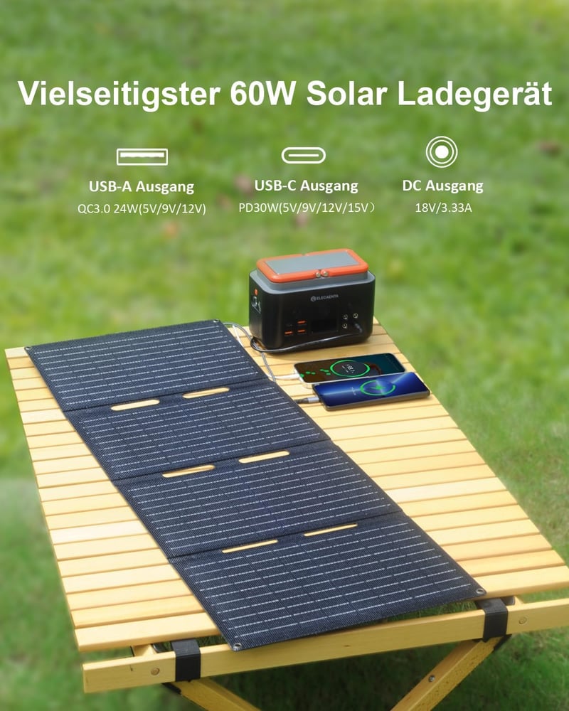 ELECAENTA 60W hordozható napelemes töltő IP68 összecsukható kültéri camping telefon tablet