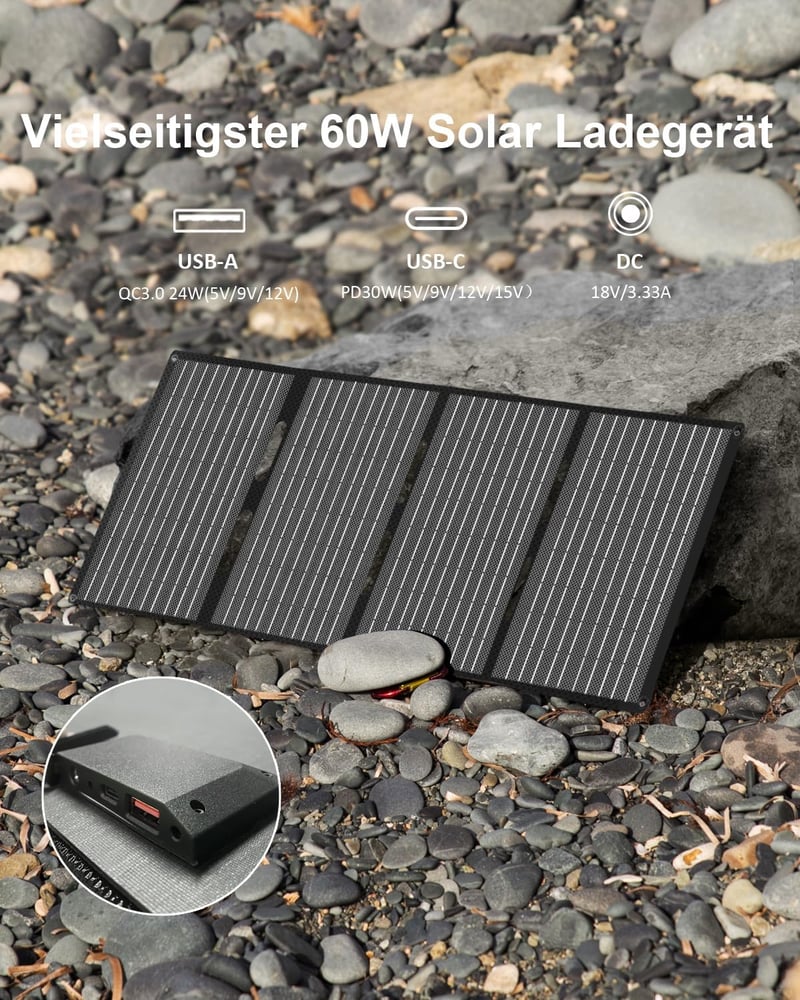 ELECAENTA 60W hordozható napelemes töltő IP68 összecsukható kültéri camping telefon tablet