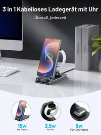Elecdov 3 v 1 bezdrôtová nabíjacia stanica s hodinami pre Samsung Galaxy S25/S24/Z Flip/Fold/Buds 4/Watch 8/7/6, kompatibilná skladacia nabíjačka 2