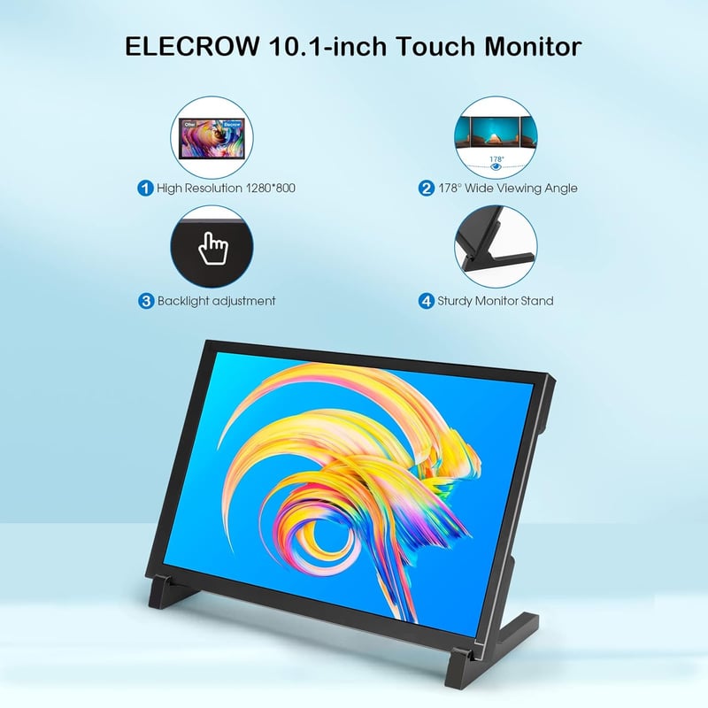 ELECROW Érintőképernyős Monitor 10.1" HD 1280×800 - Kompakt Kijelző Raspberry Pi 5/4/3/2/Zero és Windows 11/10 Rendszerekhez