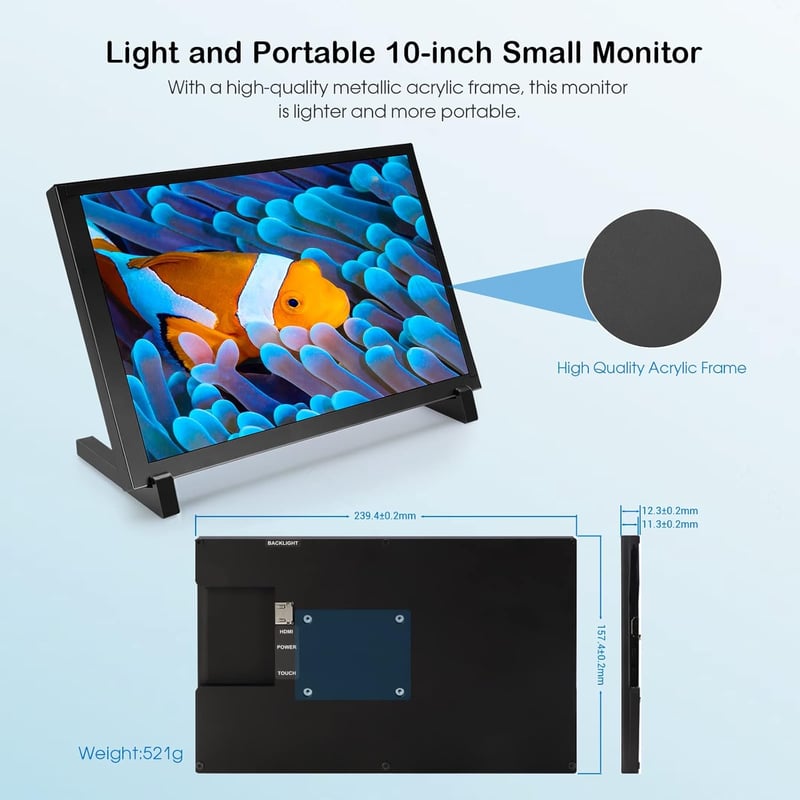ELECROW Érintőképernyős Monitor 10.1" HD 1280×800 - Kompakt Kijelző Raspberry Pi 5/4/3/2/Zero és Windows 11/10 Rendszerekhez