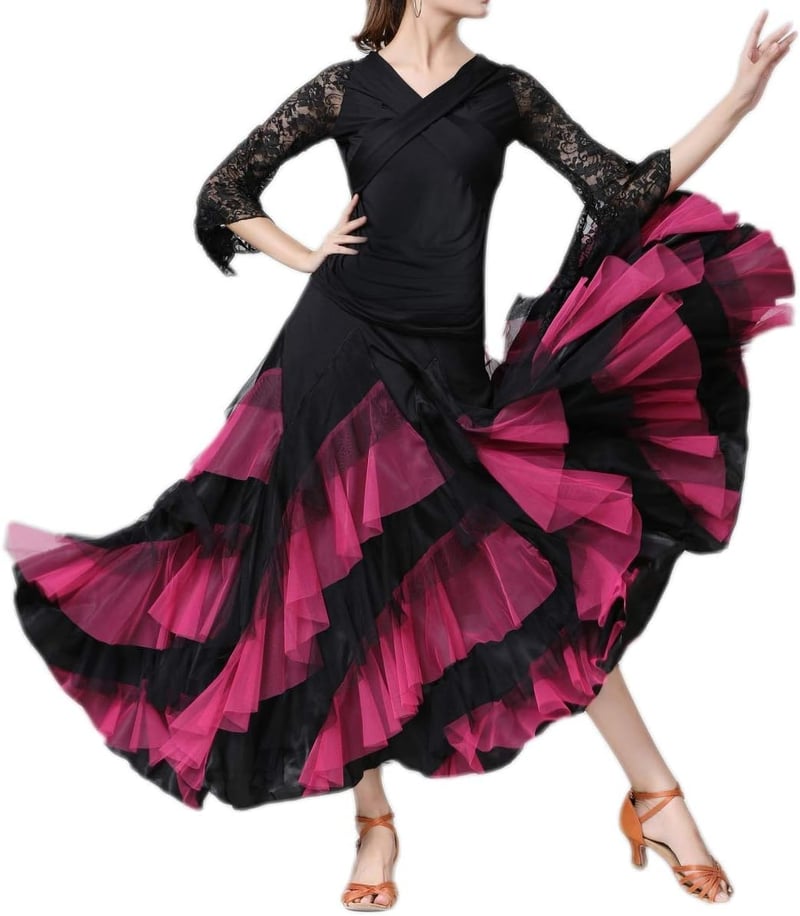 Elegant Ballroom Latin Dance Party Long Swing Tiered Skirt for Women, One Size