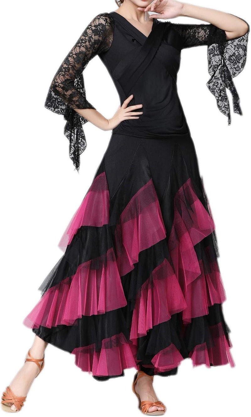 Elegant Ballroom Latin Dance Party Long Swing Tiered Skirt for Women, One Size
