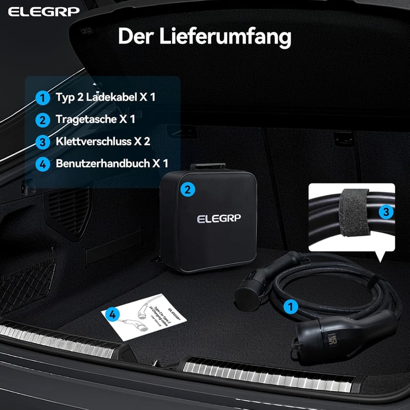 ELEGRP Type 2 elektromos autó töltőkábel 11 kW 10 m Mode 3