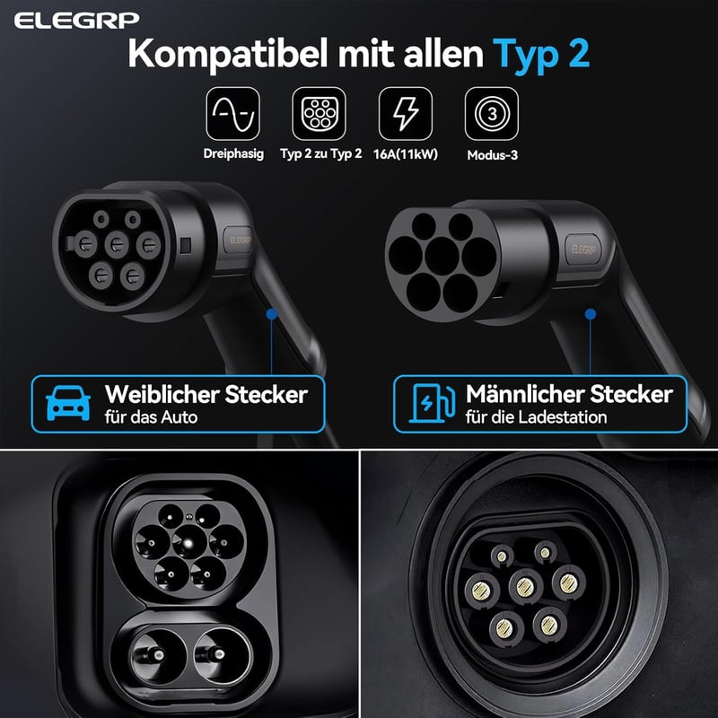 ELEGRP Type 2 elektromos autó töltőkábel 11 kW 10 m Mode 3