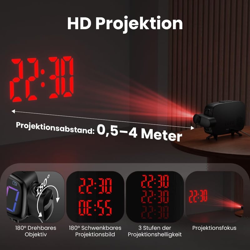 ELEHOT-Store Vetítős Ébresztőóra Rádióval, Digitális Kijelzővel és USB-C Csatlakozóval