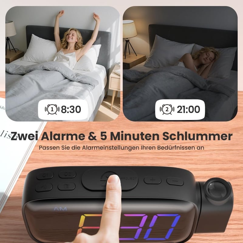 ELEHOT-Store Vetítős Ébresztőóra Rádióval, Digitális Kijelzővel és USB-C Csatlakozóval