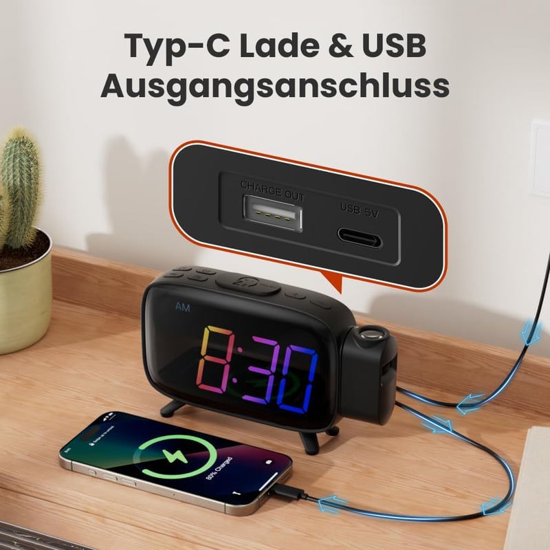 ELEHOT-Store Vetítős Ébresztőóra Rádióval, Digitális Kijelzővel és USB-C Csatlakozóval