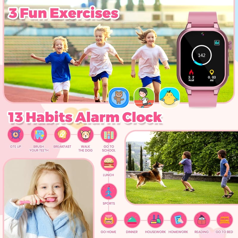 ELEJAFE Gyerekóra Pedométerrel, 32 Játék, HD Érintőképernyő, 3 Sportmód - Pink-B