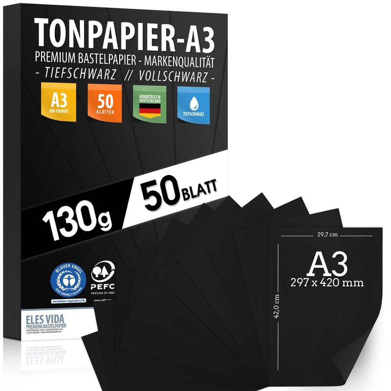 ELES VIDA farebný papier na kreslenie A3 130 g/m² sýtočierny 50 listov, tónovaný papier, ručné práce, škola, hobby, kreslenie, kriedovanie, darček, vyrobené v Nemecku