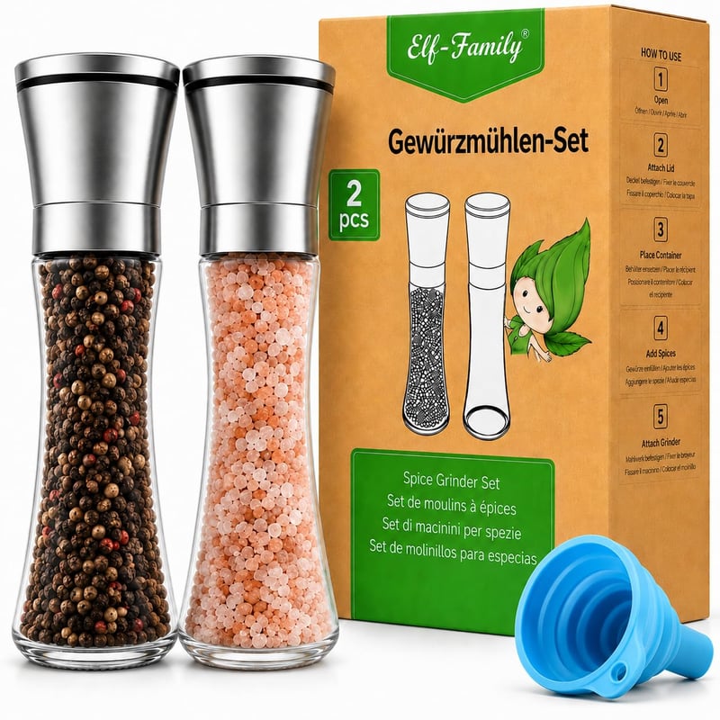 Set Elf-Family mlinaca za sol i papar, 2 komada, keramički mehanizam, podesiva krupnoća mljevenja, veliki kapacitet, ručni mlinac za sol, papar i začine, 19,2 cm